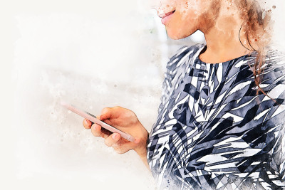 抽象的女人微笑肖像和手机装置上的水彩插图画背景。