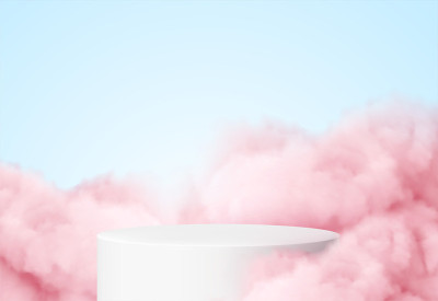 蓝色背景，粉红色云彩环绕的产品平台。烟、雾、蒸汽背景。矢量图