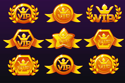 黄金模板VIP图标的奖项，为手机游戏创建图标。矢量概念赌博资产，设置不同形式的手机应用图标和桂冠花环