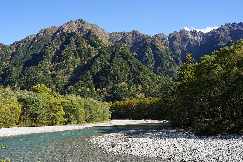 美丽的水晶清澈的水河景观与山的背景在日本阿尔卑斯山上高内