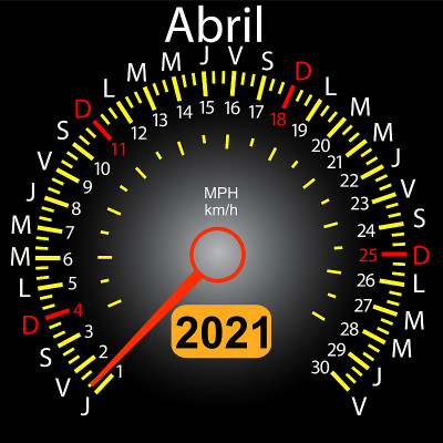 2021 year calendar speedometer car in Spanish Apri