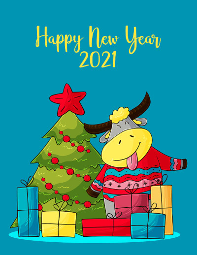 2021新年快乐儿童插画。中国新年牛年2021年