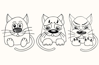 儿童动物角色插图。手绘线画的有趣的小猫