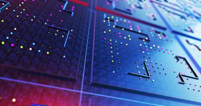 高科技电子电路板。电信号流动。人工智能。3D渲染