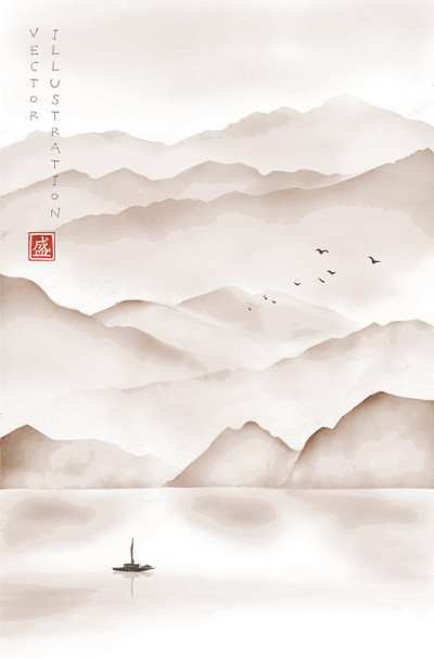 Landscape with misty mountains, fishing boat and f