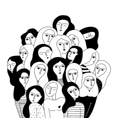黑白插图与妇女的脸。