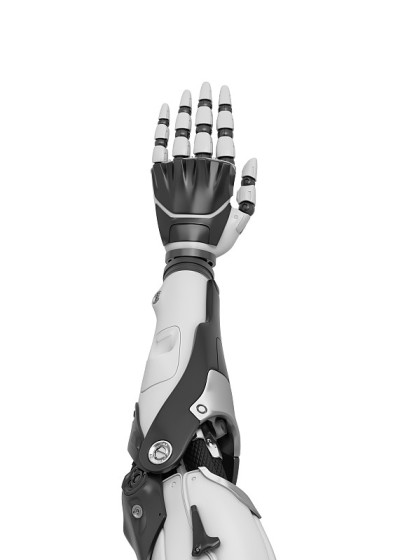 一个黑白机器手的3d渲染，从手掌的背面垂直显示。