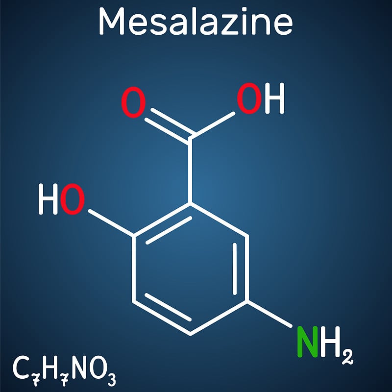 美沙拉嗪，美沙拉胺，5-氨基水杨酸分子。它是非甾体抗炎药，用于治疗溃疡性结肠炎，克罗恩病。深蓝色的背