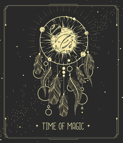 现代魔法魔法卡与捕梦网。矢量图