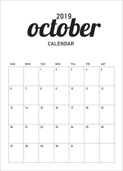 2019年10月台历矢量插图