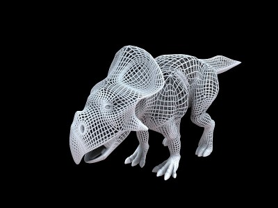 一个白色有线恐龙的3d渲染孤立在黑色上