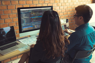两个软件开发人员正在用电脑和他们的合作伙伴一起工作。