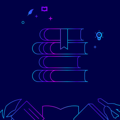 堆栈的书，图书馆向量线图标，插图在一个深蓝色的背景。相关的底部边界