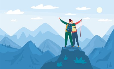 山徒步旅行。游客站在山顶上。徒步登山活动，户外娱乐活动。景观与山脉矢量插图