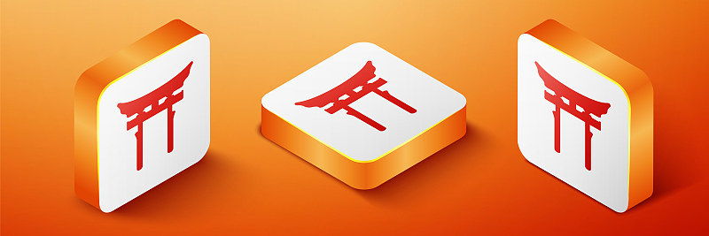 等距日本门图标孤立在橙色背景。鸟居的迹象。日本传统古典大门符号。橙色平方按钮。向量