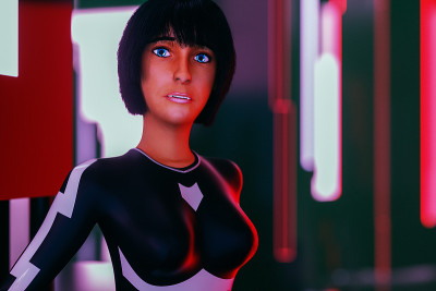 一个眼睛里有霓虹灯的未来女性(3d渲染)