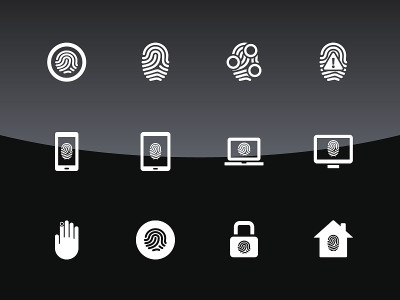 Fingerprint icons on black background.
