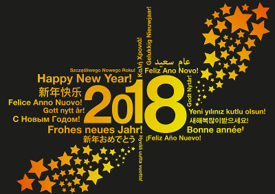 用不同的语言与星星一起问候新年的概念