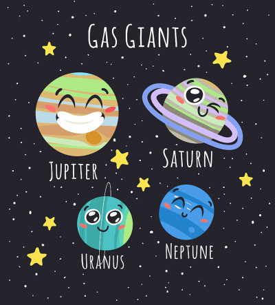 手绘幼稚插图气体巨星在宇宙。矢量绘制行星在空间。卡通太阳系对象木星，土星，天王星，海王星