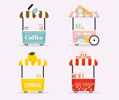 街头食品车。城市景观。平面设计现代矢量插图概念。