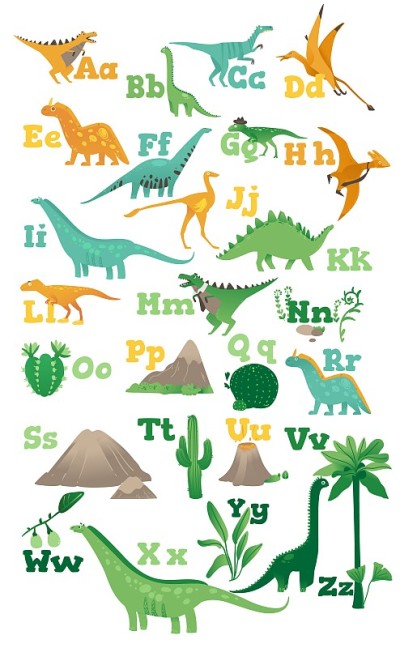 字母表为儿童与可爱的卡通恐龙，古老的火山，山脉和植物在一个扁平的风格。