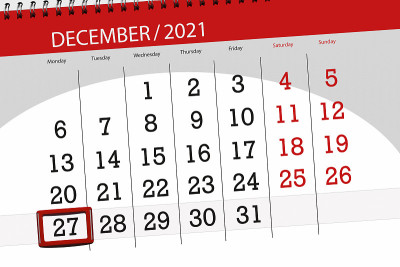 日历计划，2021年12月，截止日期，27日，周一