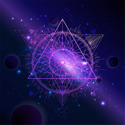 矢量插图的神圣几何符号与行星和恒星的空间背景。