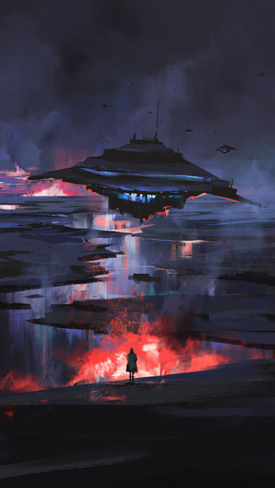 飞碟毁灭性地降落在地球上，科幻插画。