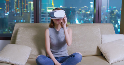 女人戴虚拟现实耳机
