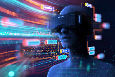 在未来技术上的VR头盔中的人类的3d渲染