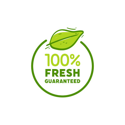 手绘100%新鲜标志。新鲜产品元素绿色标签。