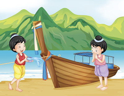 两个泰国女孩在海滩上互相问候