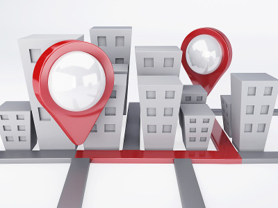 城市与地图指针。全球定位系统(gps)的概念