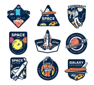 Galaxy explore, universe expedition vector icons