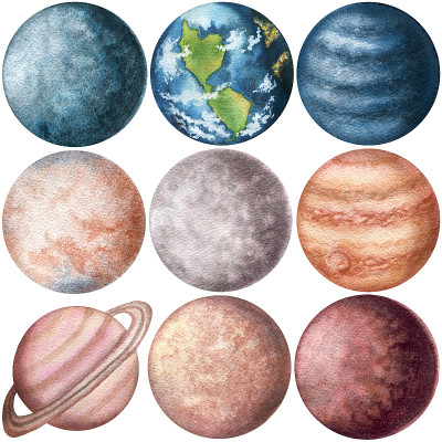 一套水彩行星。手绘太阳能系统