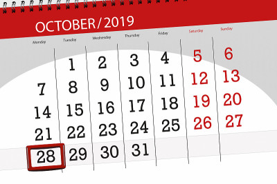 日历计划2019年10月，截止日期，28日，周一
