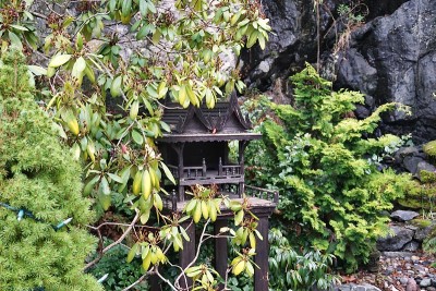 在幽静的冥想花园中，隐藏在树叶中的老式木制精神屋