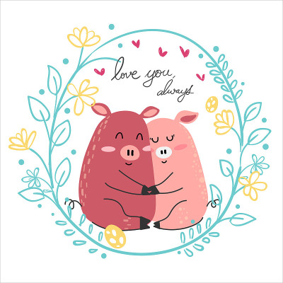cute drawing couple pink pig lover hug together