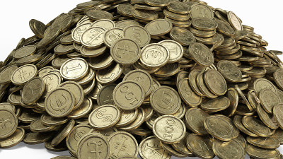 一堆带有不同货币符号的旧金币。三维演示