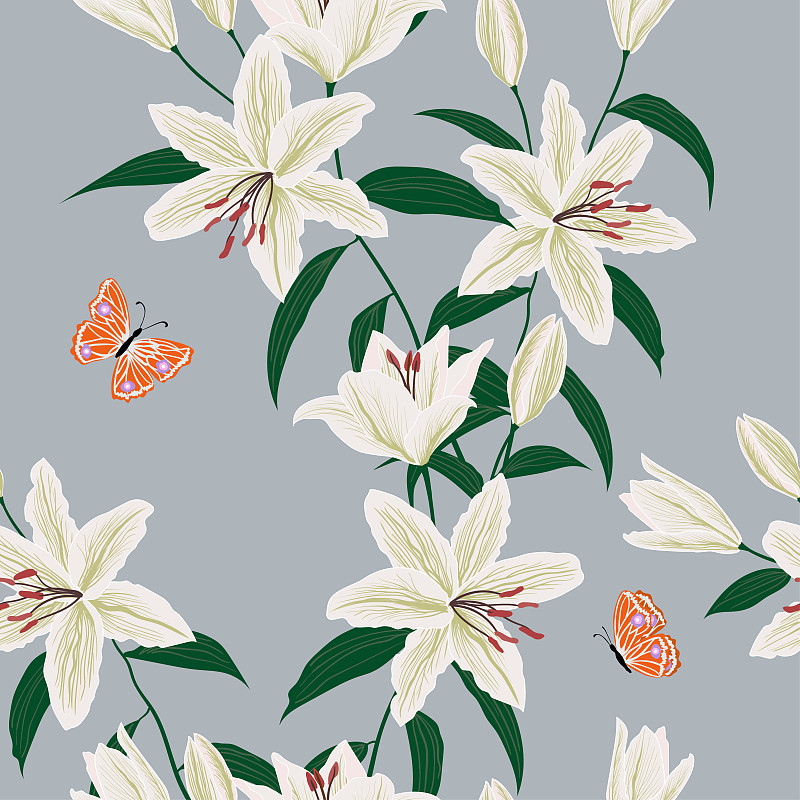 Blooming lily flowers garden seamless pattern with