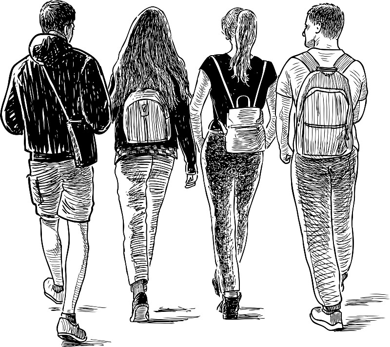 素描的学生朋友散步