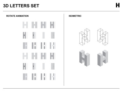 3d H字母表字母设置动画等距线框向量