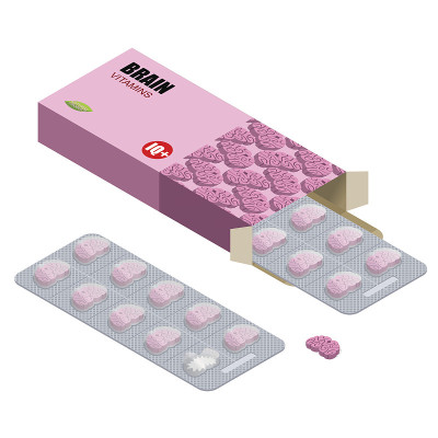 大脑维生素。智商药片。平板电脑包。天然药物佛