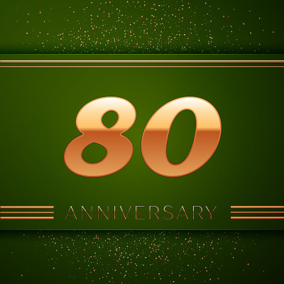 现实80年80周年庆祝标志。绿色背景上的金色数字和金色五彩纸屑。彩色矢量模板元素为您的生日派对