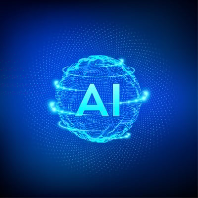 人工智能。人工智能的标志。人工智能和机器学习的概念。球面网格波与二进制代码。大数据创新技术。神经网络