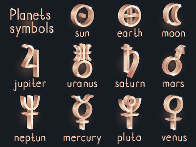 Vector set of 3d astrological planets symbols.