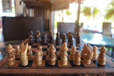 一个木制的象棋在棋盘上的特写图像