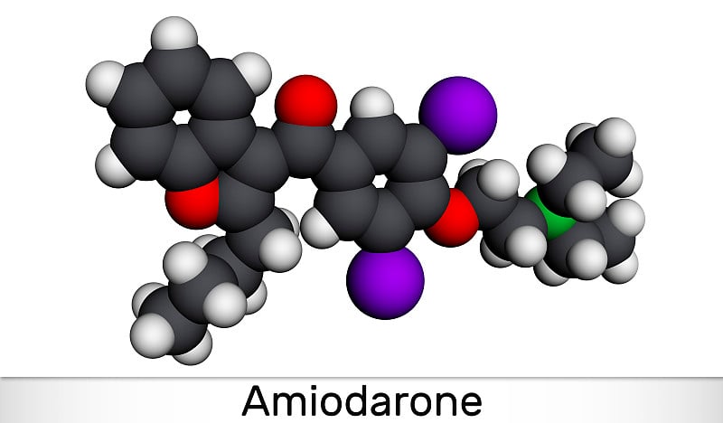 胺碘酮分子。它是抗心律失常、血管舒张、心血管的药物。分子模型。三维渲染