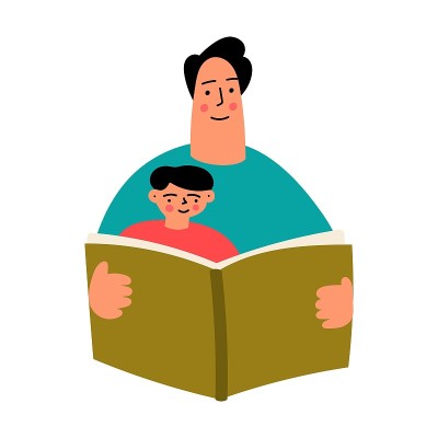 父亲和儿子在读一本书。