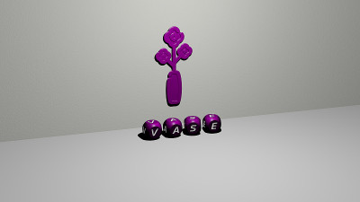花瓶的3D表现与图标在墙上和文本安排由金属立方体字母在镜子地板上的概念含义和幻灯片演示。背景和白色